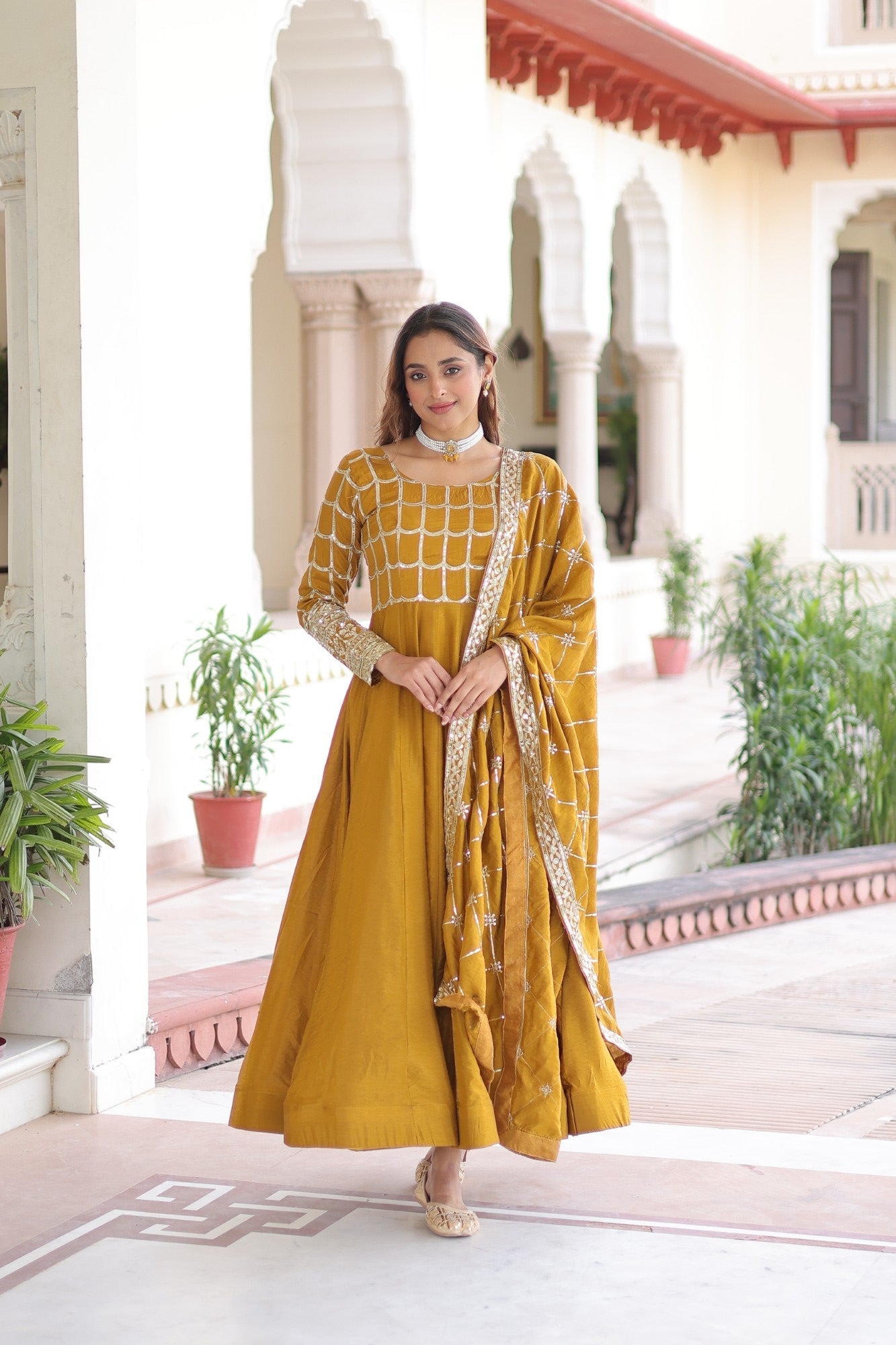 Lorenvalley Fashion Mustard Vichitra Silk with Rich Sequins & Zari Embroidered work Anarkali Gown with Dupatta - Swadesiicart