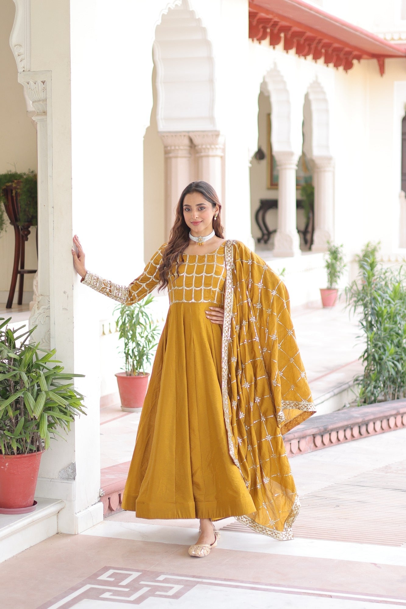 Lorenvalley Fashion Mustard Vichitra Silk with Rich Sequins & Zari Embroidered work Anarkali Gown with Dupatta - Swadesiicart