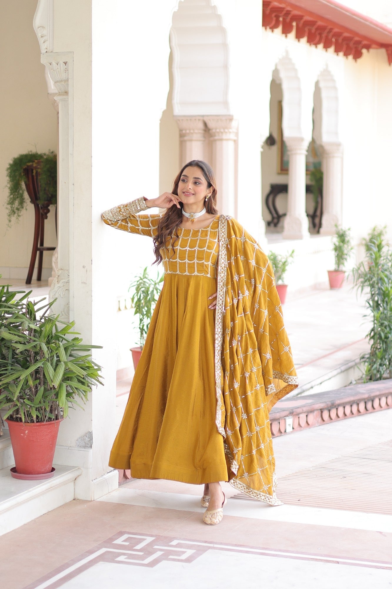 Lorenvalley Fashion Mustard Vichitra Silk with Rich Sequins & Zari Embroidered work Anarkali Gown with Dupatta - Swadesiicart