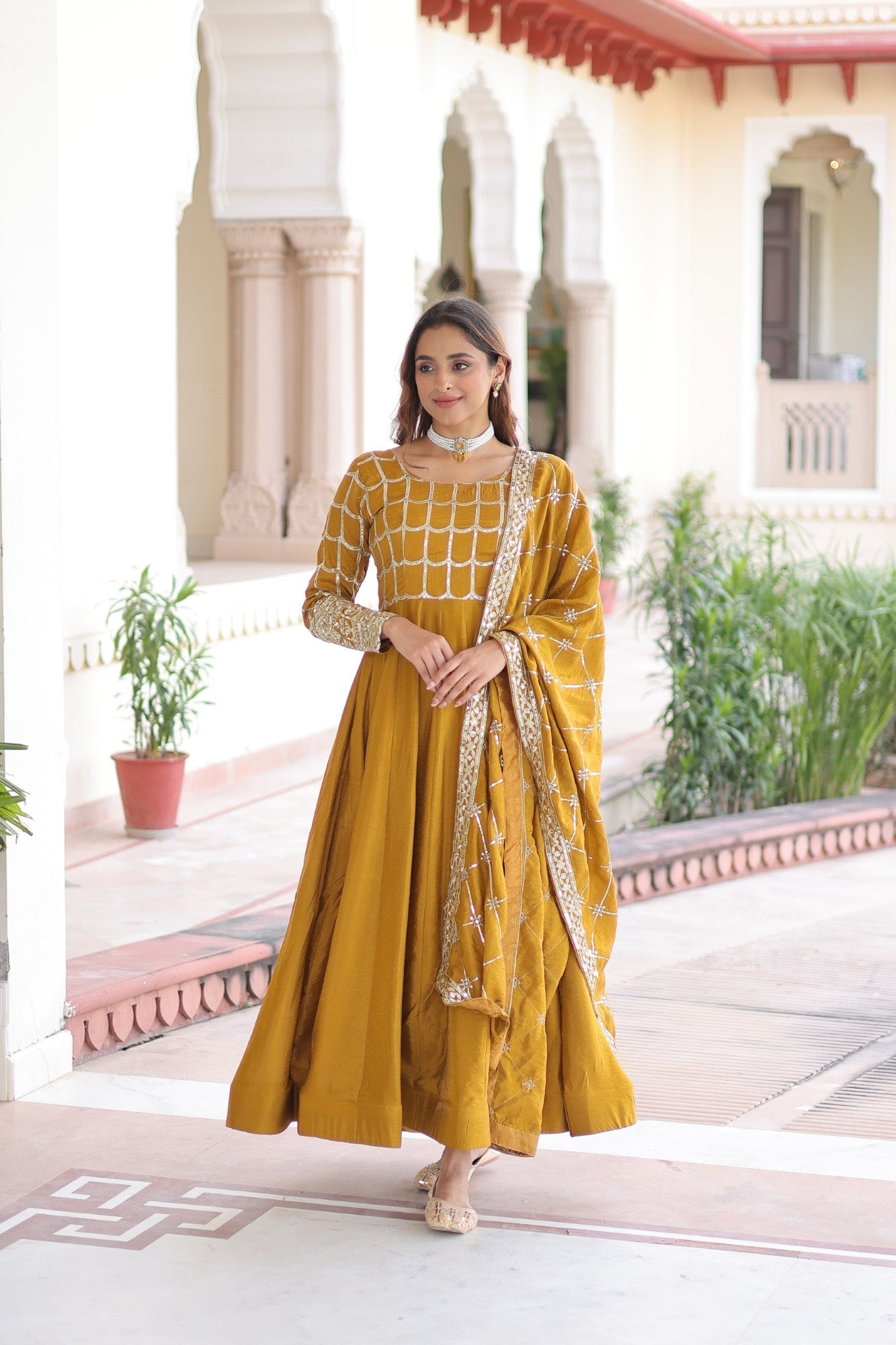 Lorenvalley Fashion Mustard Vichitra Silk with Rich Sequins & Zari Embroidered work Anarkali Gown with Dupatta - Swadesiicart