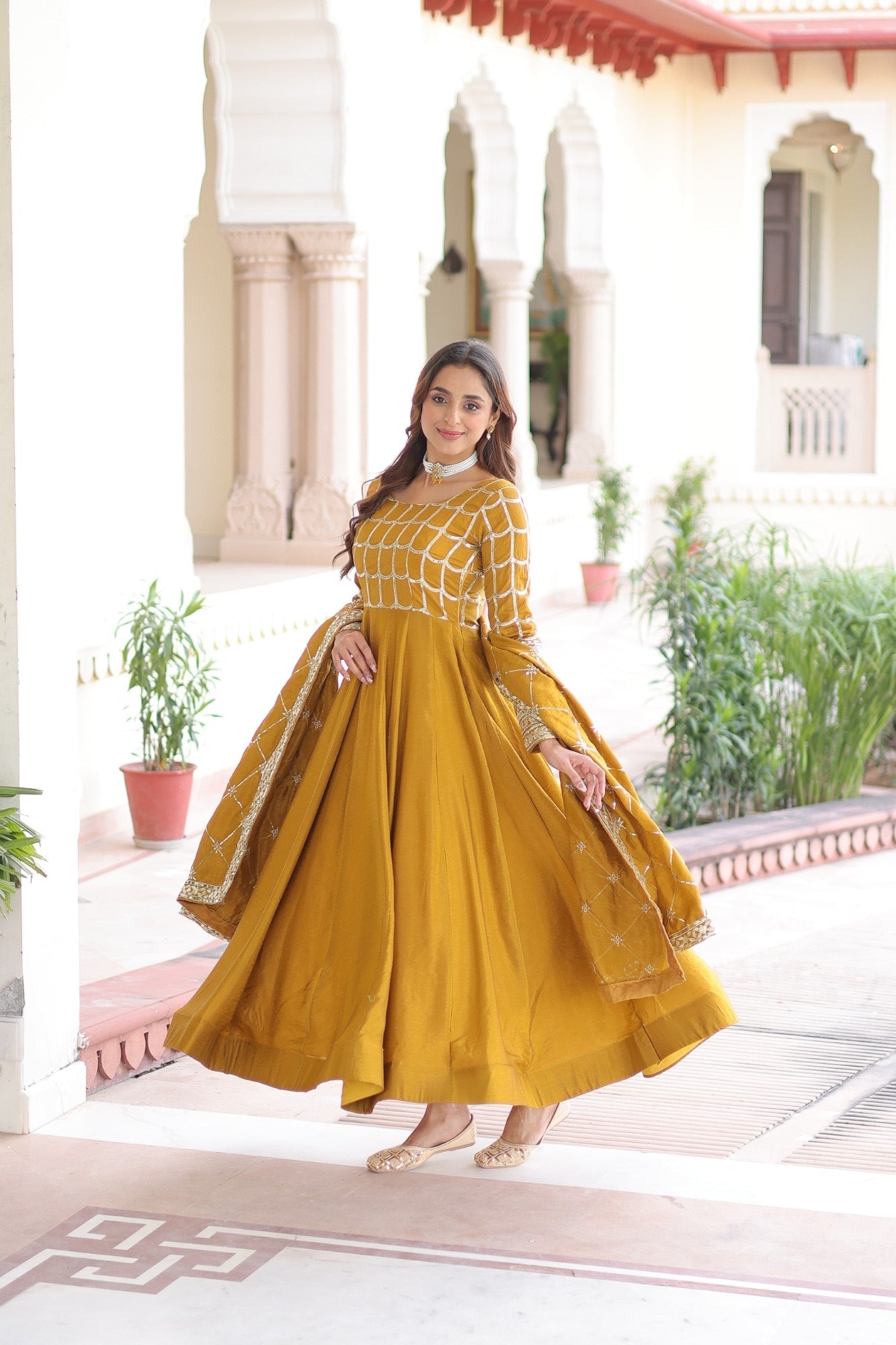 Lorenvalley Fashion Mustard Vichitra Silk with Rich Sequins & Zari Embroidered work Anarkali Gown with Dupatta - Swadesiicart