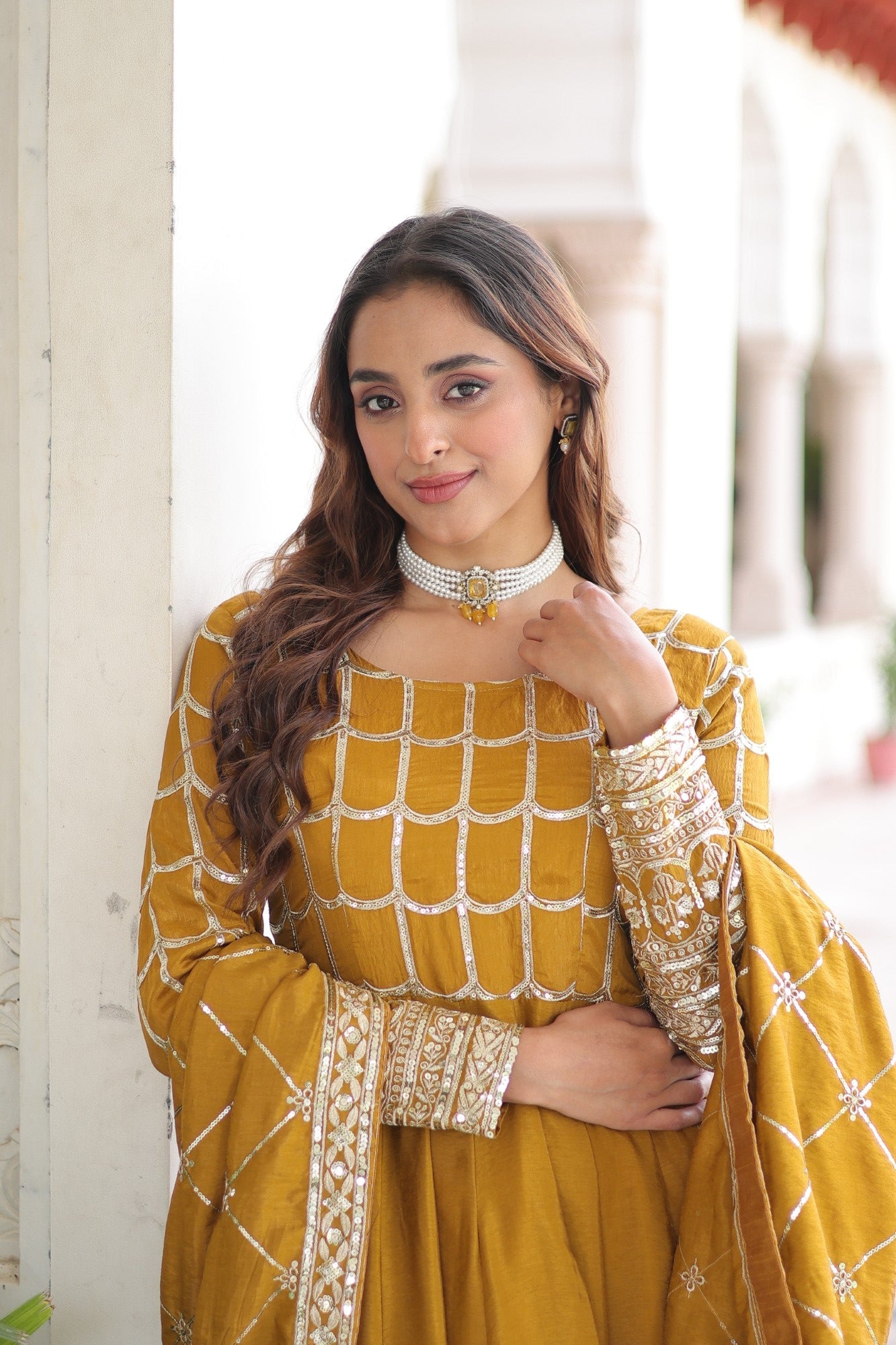Lorenvalley Fashion Mustard Vichitra Silk with Rich Sequins & Zari Embroidered work Anarkali Gown with Dupatta - Swadesiicart