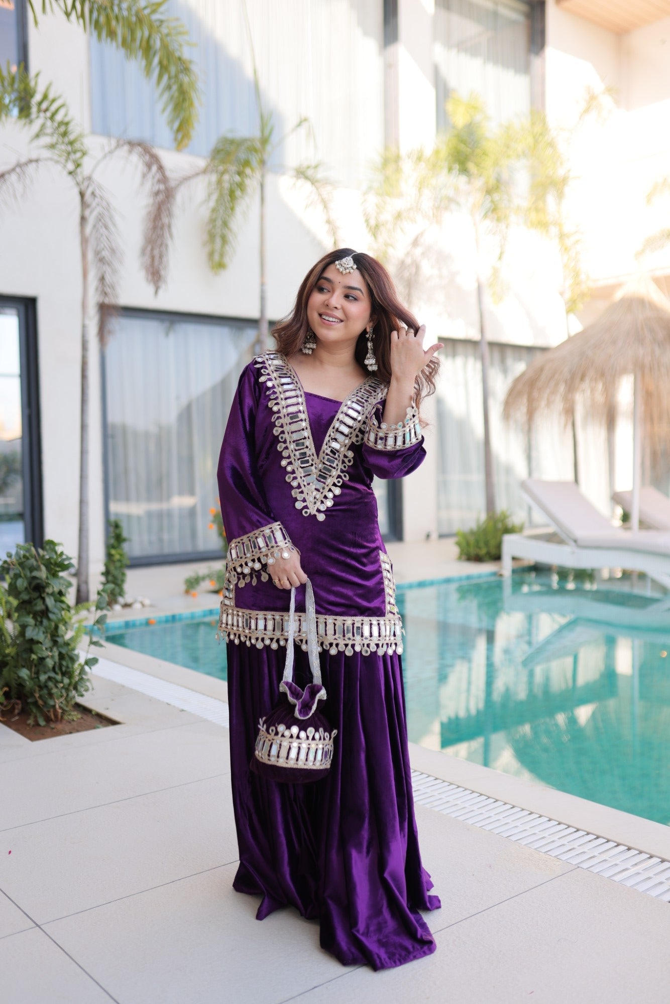 Lorenvalley Fashion Purple Velvet with Rich Zari Embroidered & Real Mirror work Kurta Palazzo with Dupatta - Swadesiicart