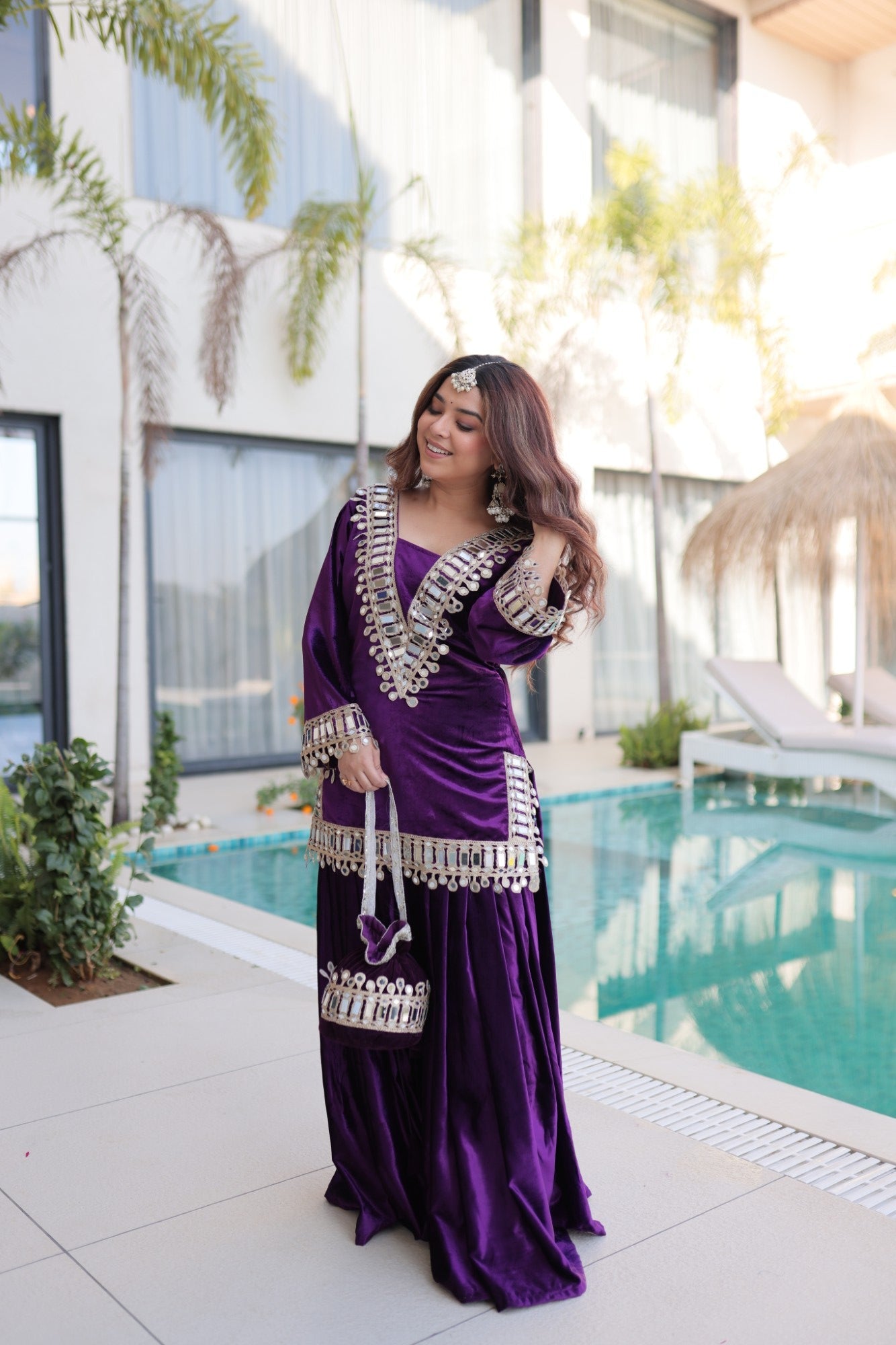 Lorenvalley Fashion Purple Velvet with Rich Zari Embroidered & Real Mirror work Kurta Palazzo with Dupatta - Swadesiicart