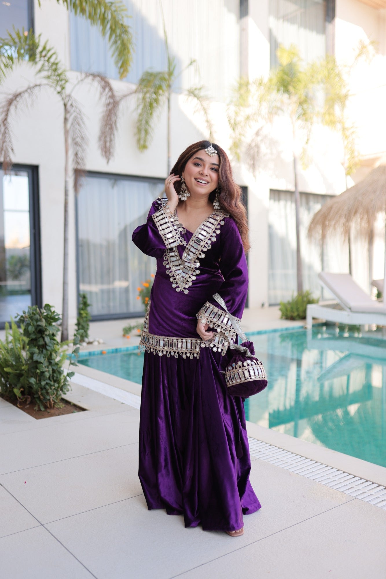 Lorenvalley Fashion Purple Velvet with Rich Zari Embroidered & Real Mirror work Kurta Palazzo with Dupatta - Swadesiicart