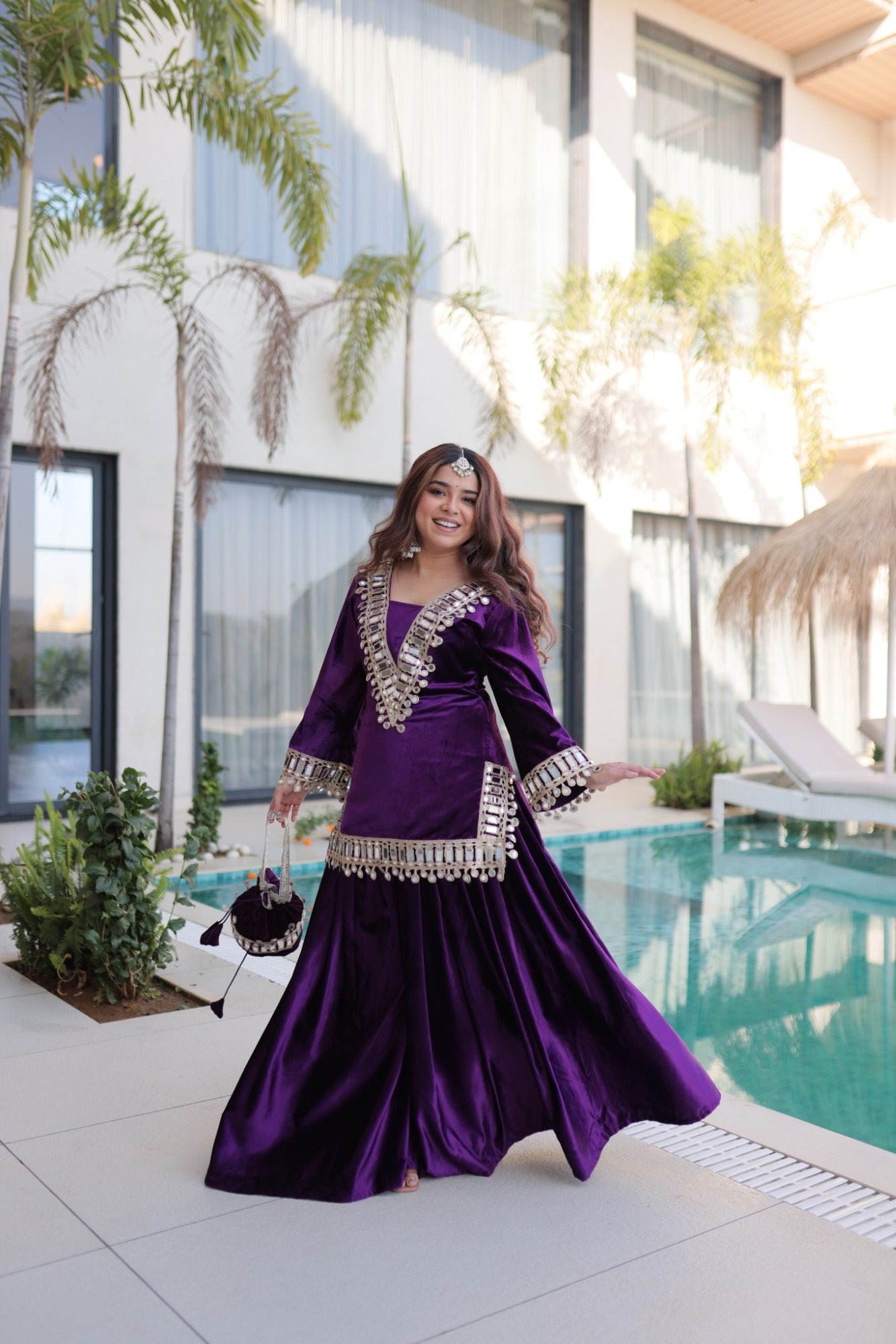 Lorenvalley Fashion Purple Velvet with Rich Zari Embroidered & Real Mirror work Kurta Palazzo with Dupatta - Swadesiicart