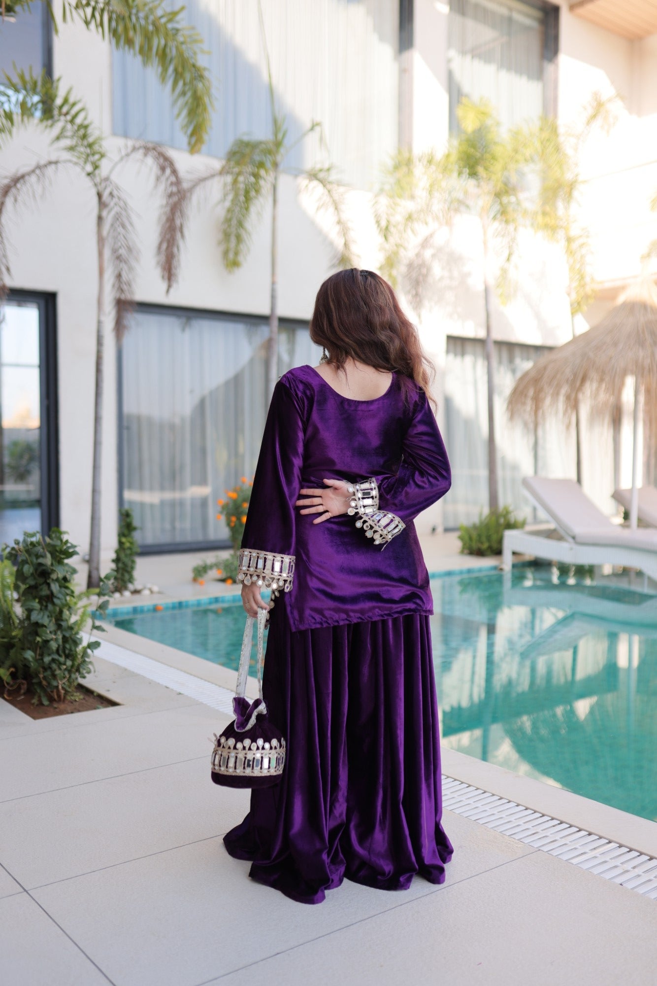 Lorenvalley Fashion Purple Velvet with Rich Zari Embroidered & Real Mirror work Kurta Palazzo with Dupatta - Swadesiicart