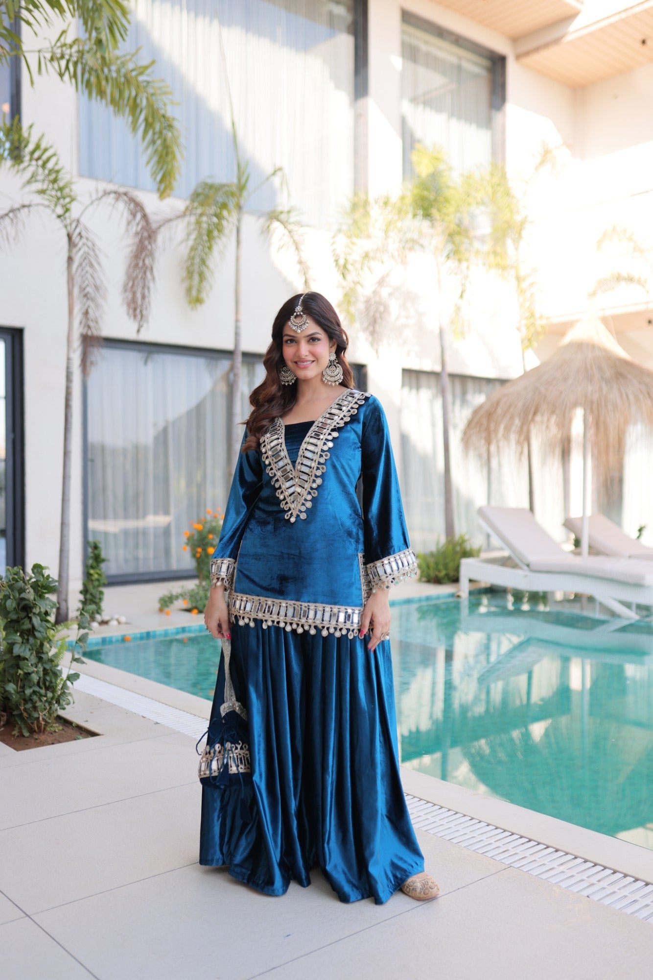 Lorenvalley Fashion Rama Velvet with Rich Zari Embroidered & Real Mirror work Kurta Palazzo with Dupatta - Swadesiicart