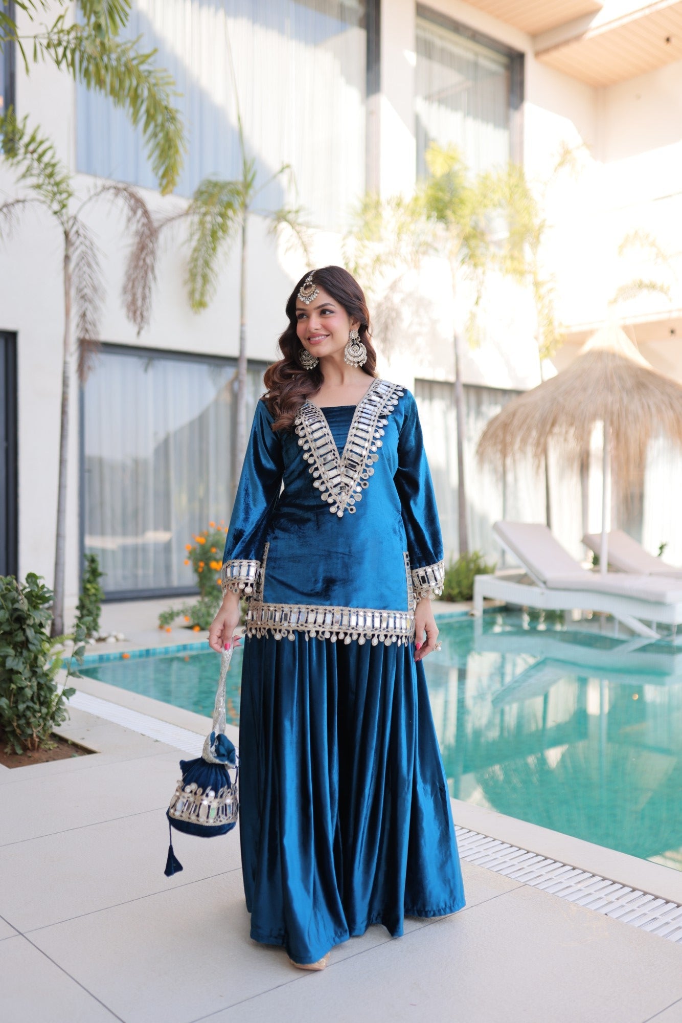 Lorenvalley Fashion Rama Velvet with Rich Zari Embroidered & Real Mirror work Kurta Palazzo with Dupatta - Swadesiicart