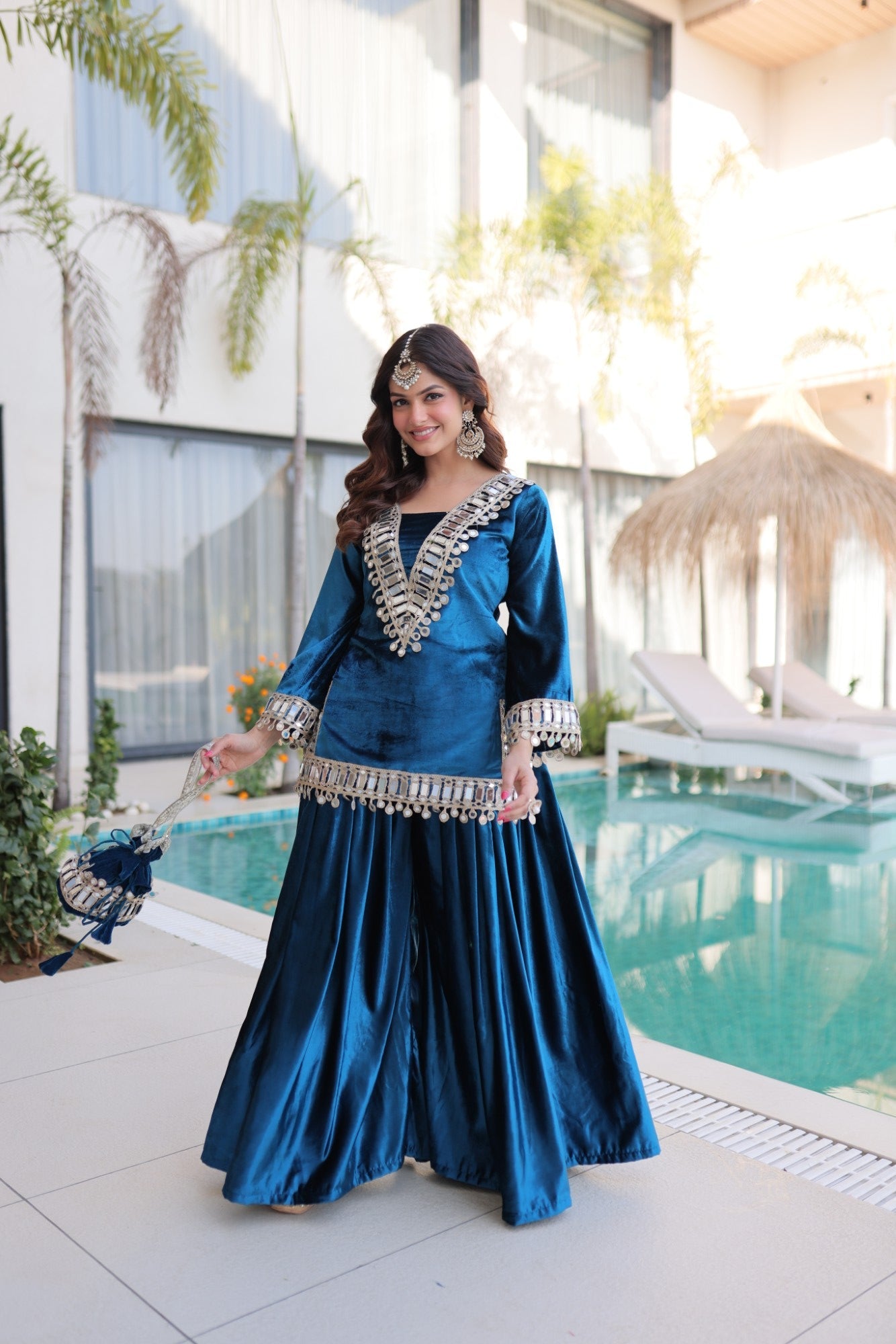 Lorenvalley Fashion Rama Velvet with Rich Zari Embroidered & Real Mirror work Kurta Palazzo with Dupatta - Swadesiicart