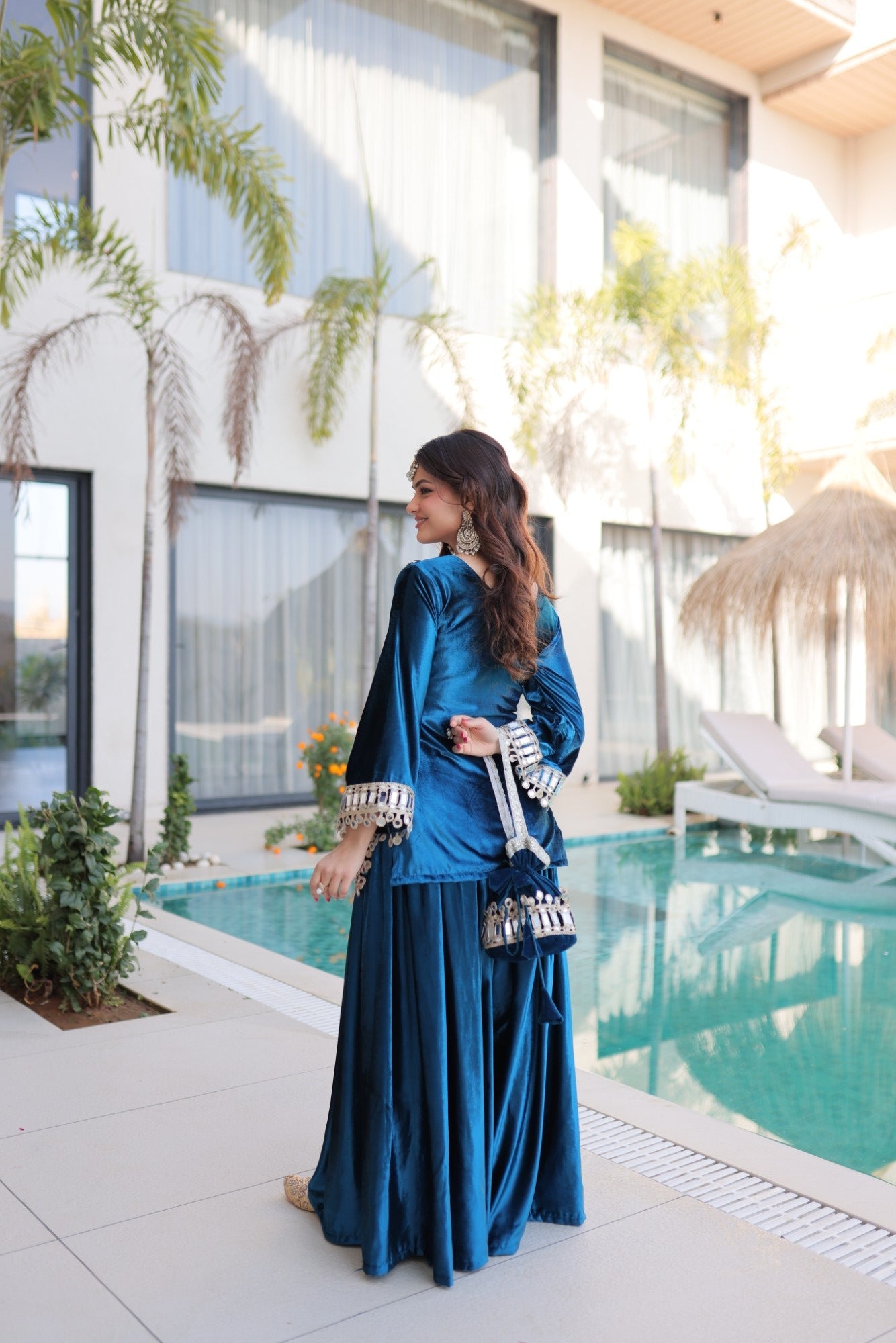 Lorenvalley Fashion Rama Velvet with Rich Zari Embroidered & Real Mirror work Kurta Palazzo with Dupatta - Swadesiicart