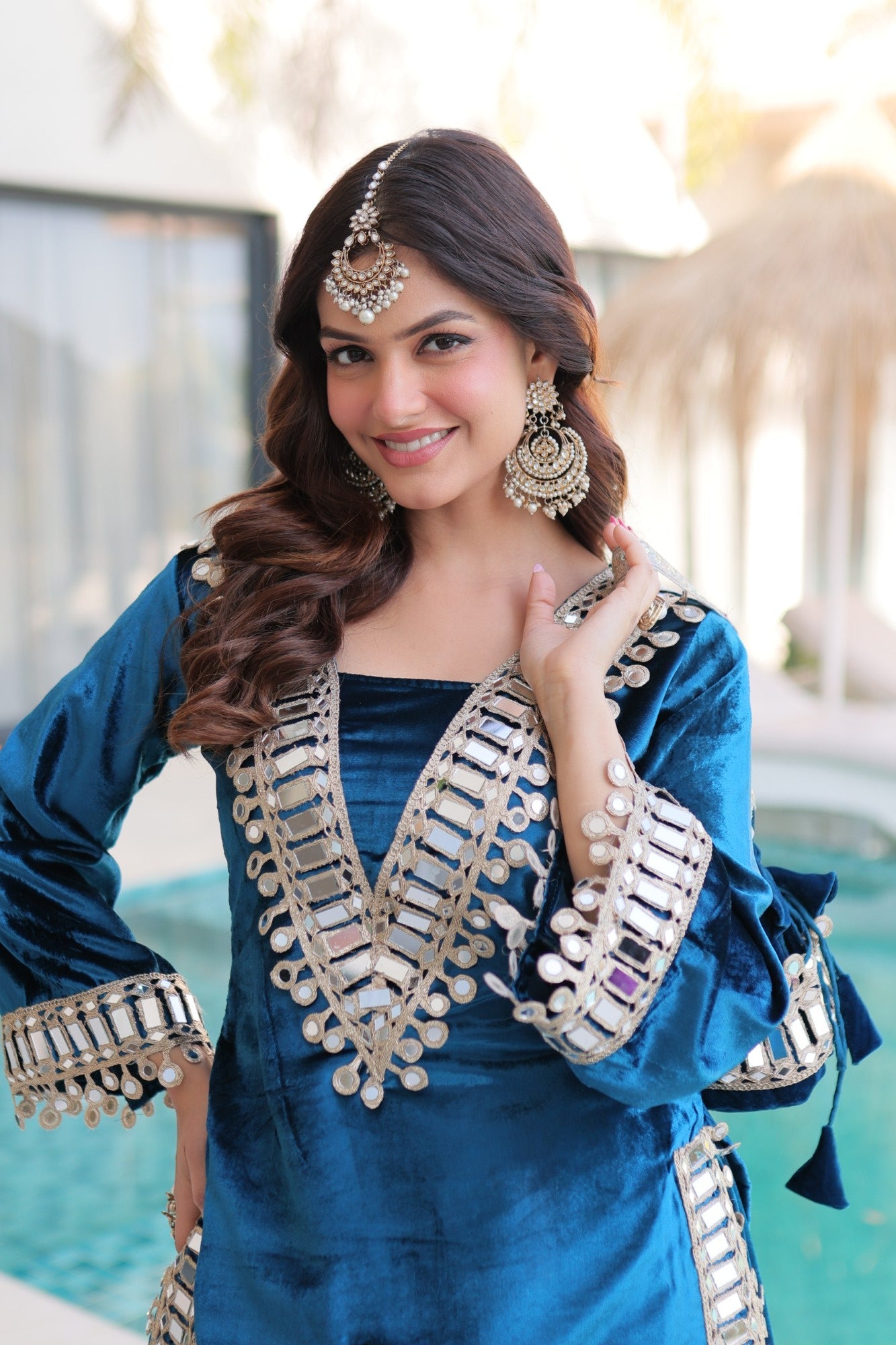 Lorenvalley Fashion Rama Velvet with Rich Zari Embroidered & Real Mirror work Kurta Palazzo with Dupatta - Swadesiicart
