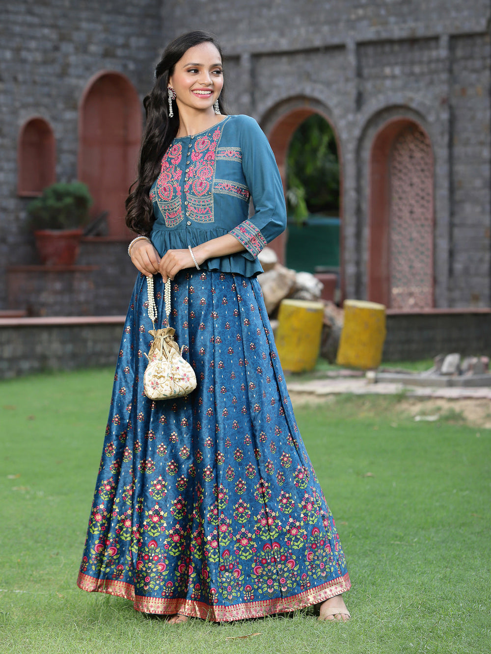 Juniper Women`s Teal Satin Embroidered Flared Lehenga Choli Sets | Swadesiicart