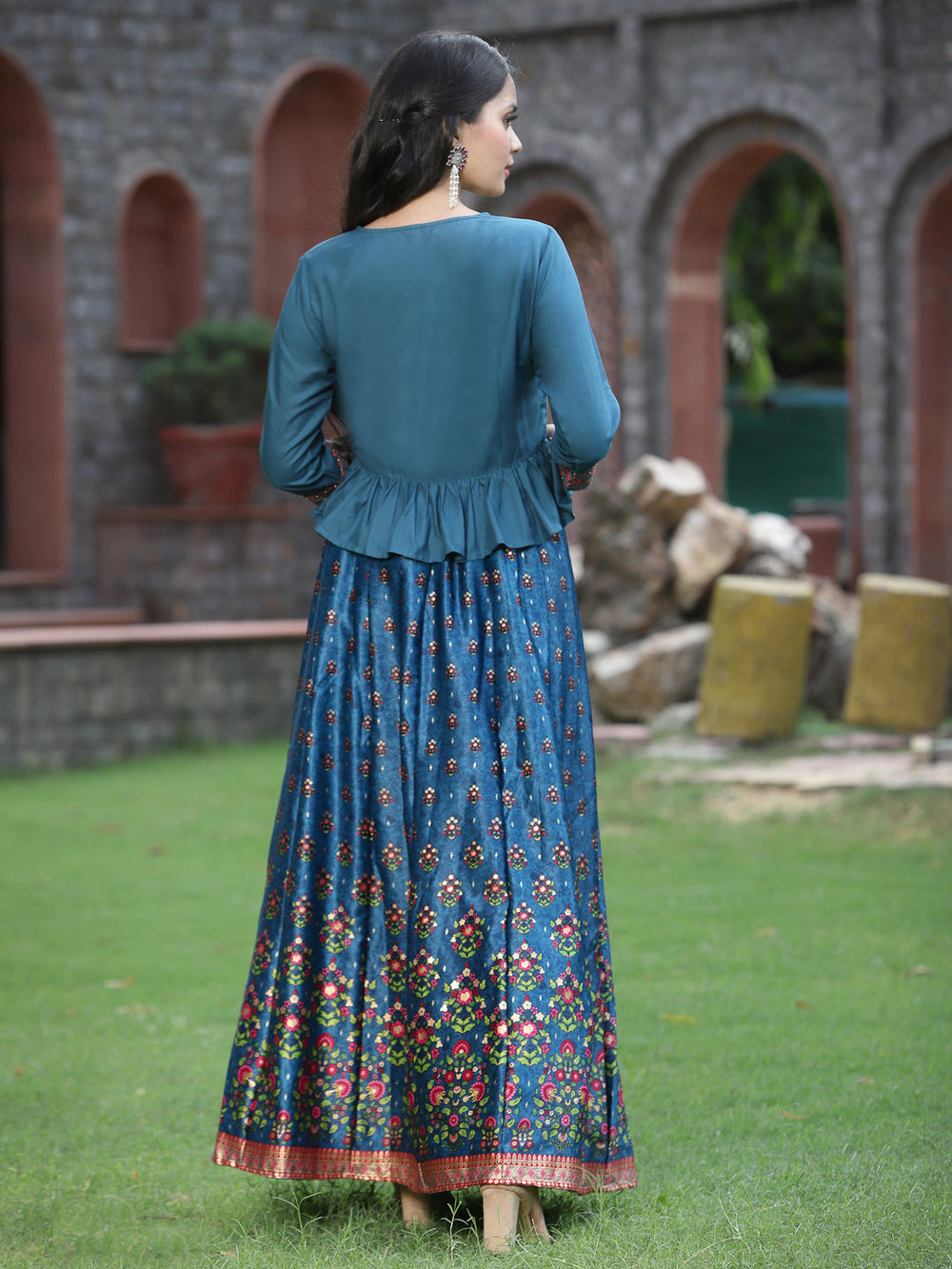 Juniper Women`s Teal Satin Embroidered Flared Lehenga Choli Sets | Swadesiicart