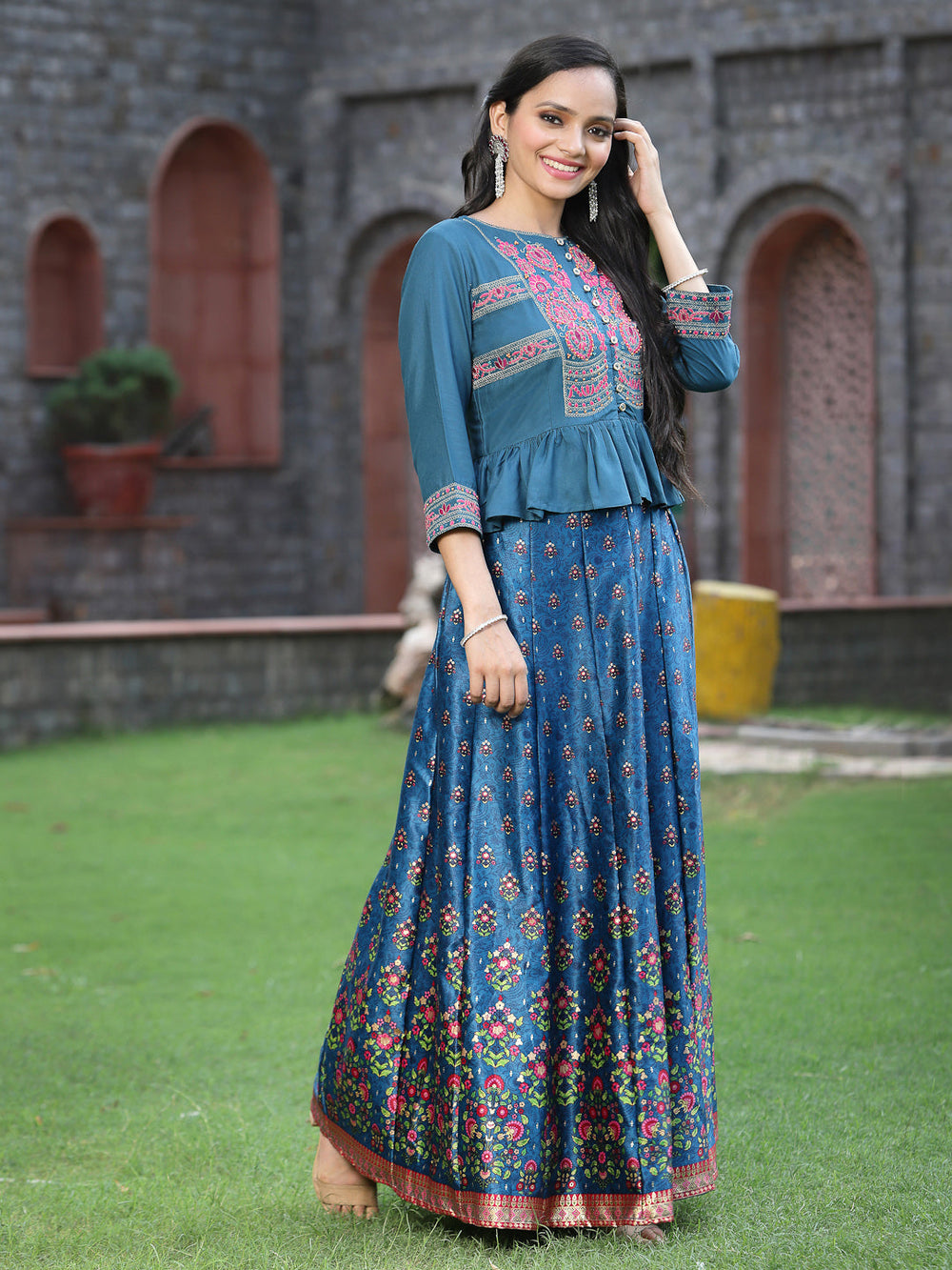Juniper Women`s Teal Satin Embroidered Flared Lehenga Choli Sets | Swadesiicart