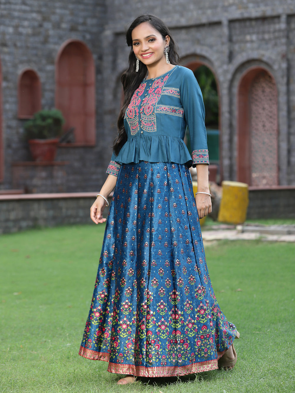 Juniper Women`s Teal Satin Embroidered Flared Lehenga Choli Sets | Swadesiicart