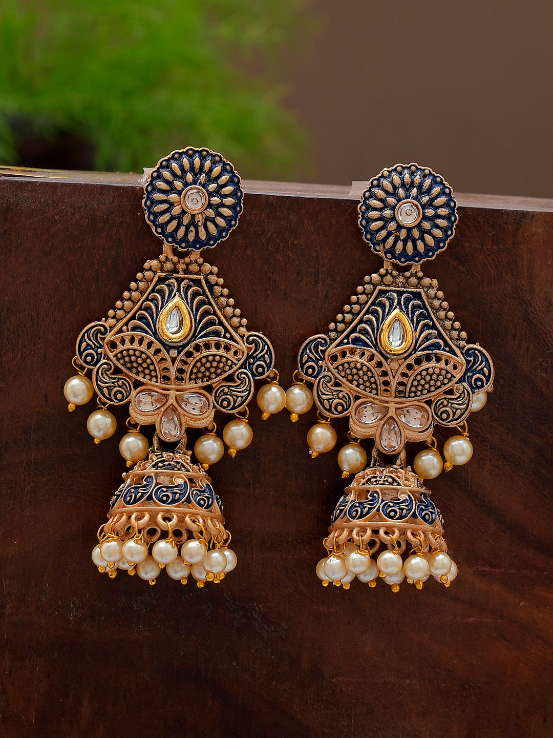 Shoshaa Blue & Gold-Toned Dome Shaped Jhumkas Earrings | Swadesiicart