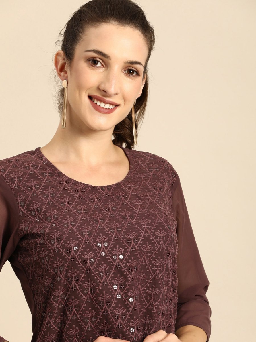 All About You Women Brown Ethnic Motifs Embroidered Regular Chikankari Kurta with Palazzos | Swadesiicart