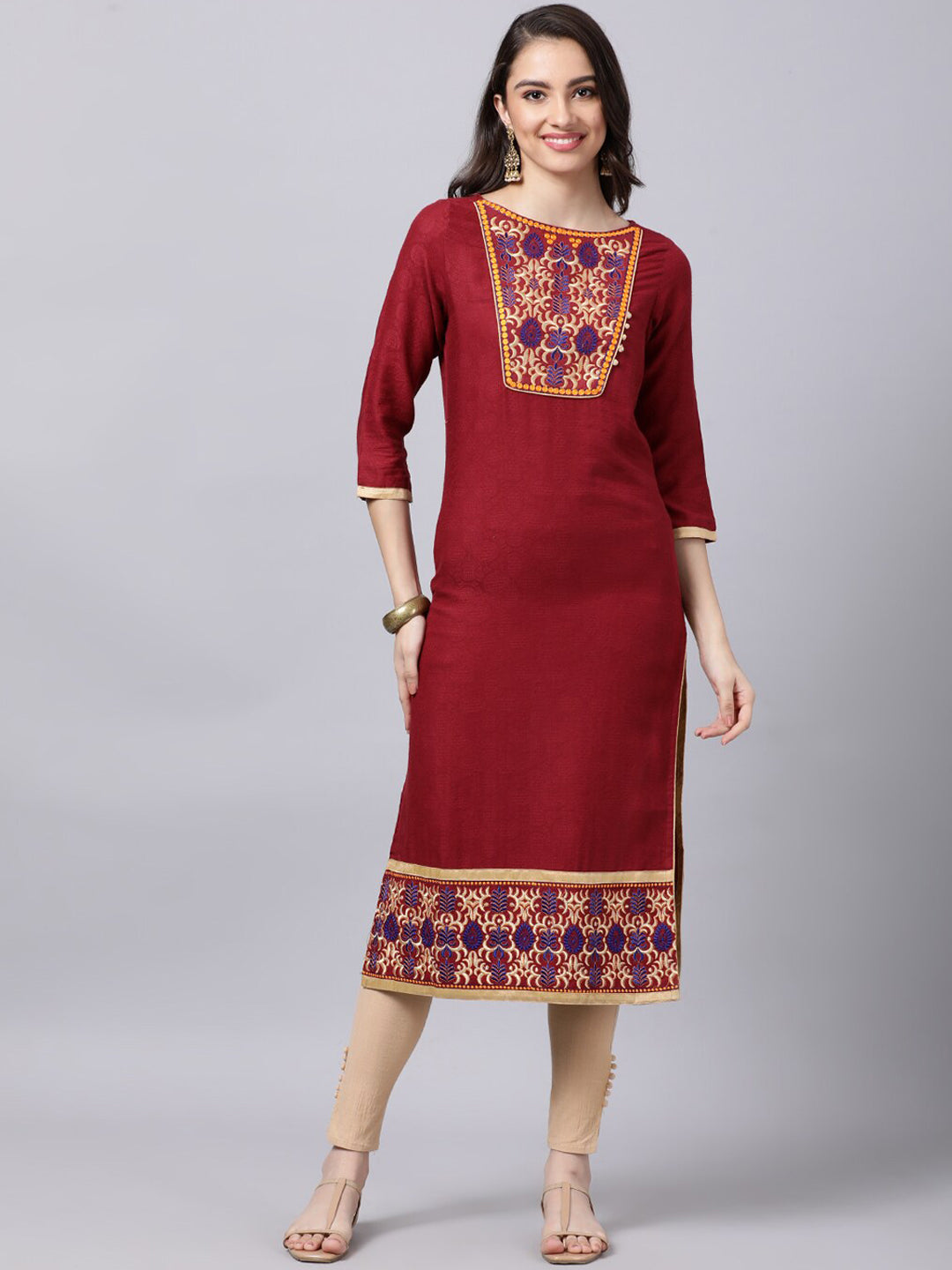 Souchii Maroon & Yellow Thread Work Grandeur & Majestic Artwork Cotton Kurta - Swadesiicart