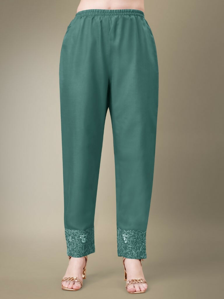 Jyoti Fashion Women's Teal Cotton Blend Embroidery & Fancy Lace work Kurta with Trouser & Dupatta | Swadesiicart