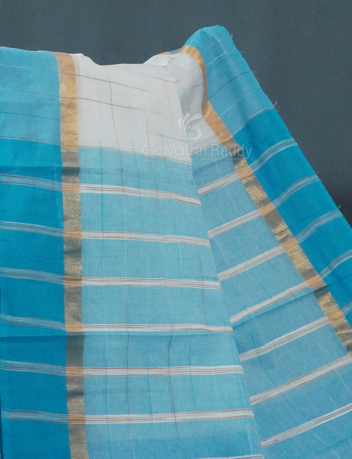 Dual Shade of Milk White And Sky Blue Pure Mangalgiri Cotton By Gayathri Reddy Designer Studio | Swadesiicart