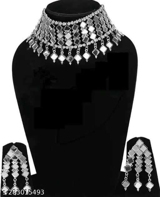 Tehzeeb Creations Women's Silver Oxidised Mirror Design Necklace Set With Bangle - Swadesiicart