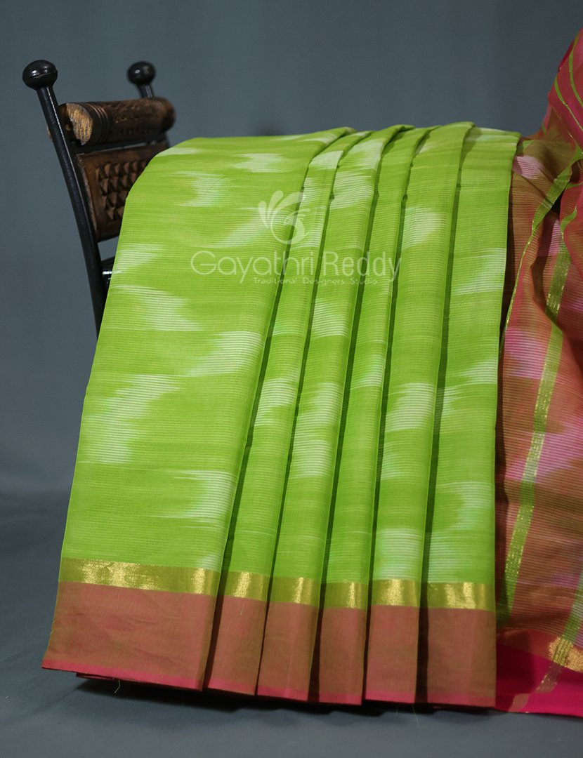 Dual Shades of Parrot Green And Pink Mangalagiri Ikkat Cotton Saree By Gayathri Reddy Designer Studio | Swadesiicart