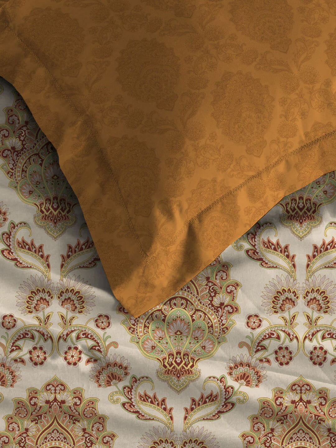 MYTRIDENT Celebration Cream-Coloured Ethnic Cotton 144 TC Queen Bedsheet & 2 Pillow Covers - Swadesiicart
