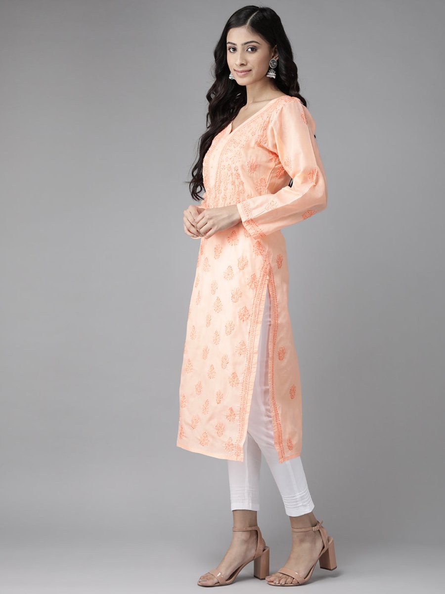 ADA Women Peach-Coloured & White Chikankari Embroidered Handloom Kurta with Cotton Trousers | Swadesiicart