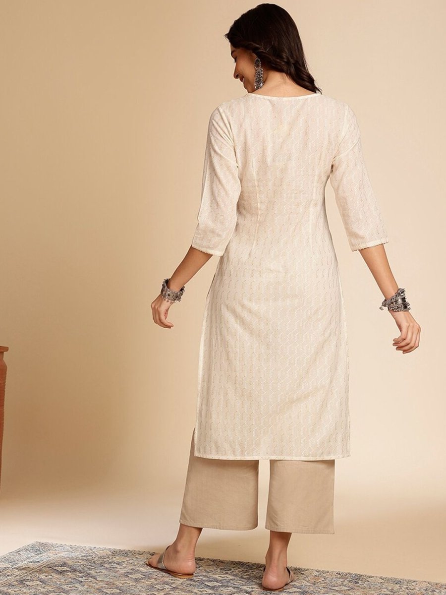 Anouk Off White Printed Mandarin Collar Cotton Straight Kurta - Swadesiicart