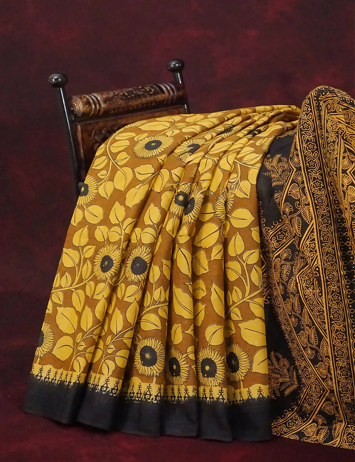 Mustard Yellow And Chikoo Coloured Block Print Handloom Mulmul Cotton Saree By Gayathri Reddy Designer Studio | Swadesiicart