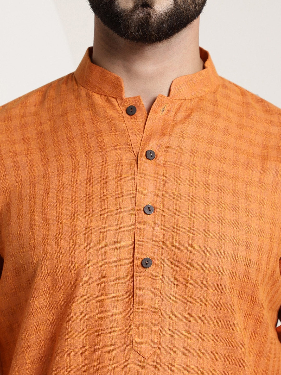 Sojanya Men Orange Dobby Self-Checked Straight Kurta | Swadesiicart