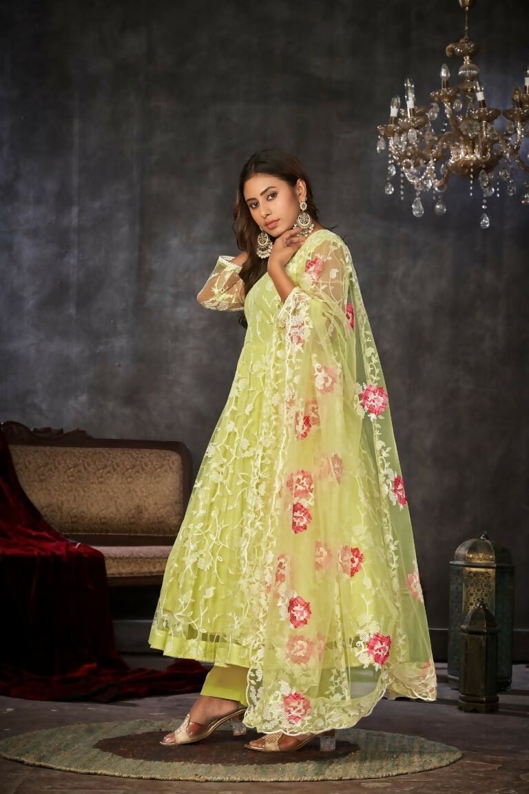 Jyoti Fashion Women's Pista Net Embroidered Anarkali Kurta Pant Set With Dupatta | Swadesiicart