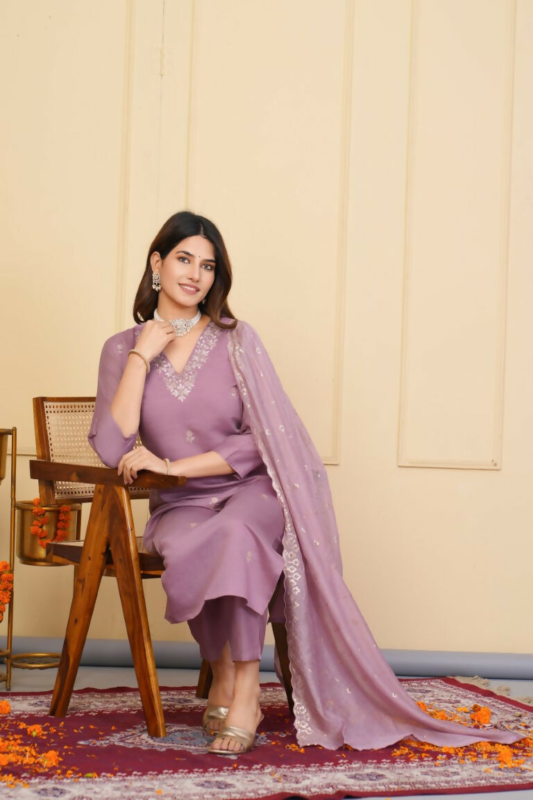 Wine Viscose Chanderi Embroidered Stitched Suit With Dupatta - Tanisha | Swadesiicart