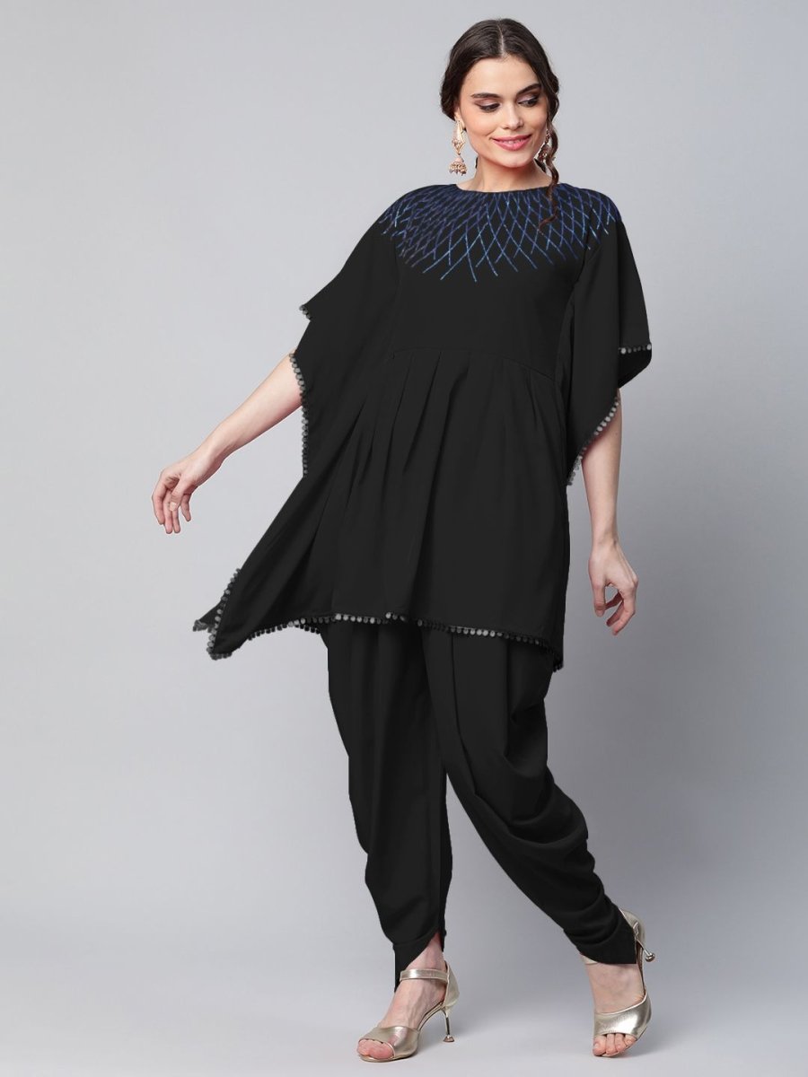 Ahalyaa Women Black Crepe Glitter Printed Kurta with Dhoti Pants | Swadesiicart