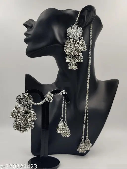 Tehzeeb Creations Women's Silver Colour Oxidised Earring With Hair Chain | Swadesiicart