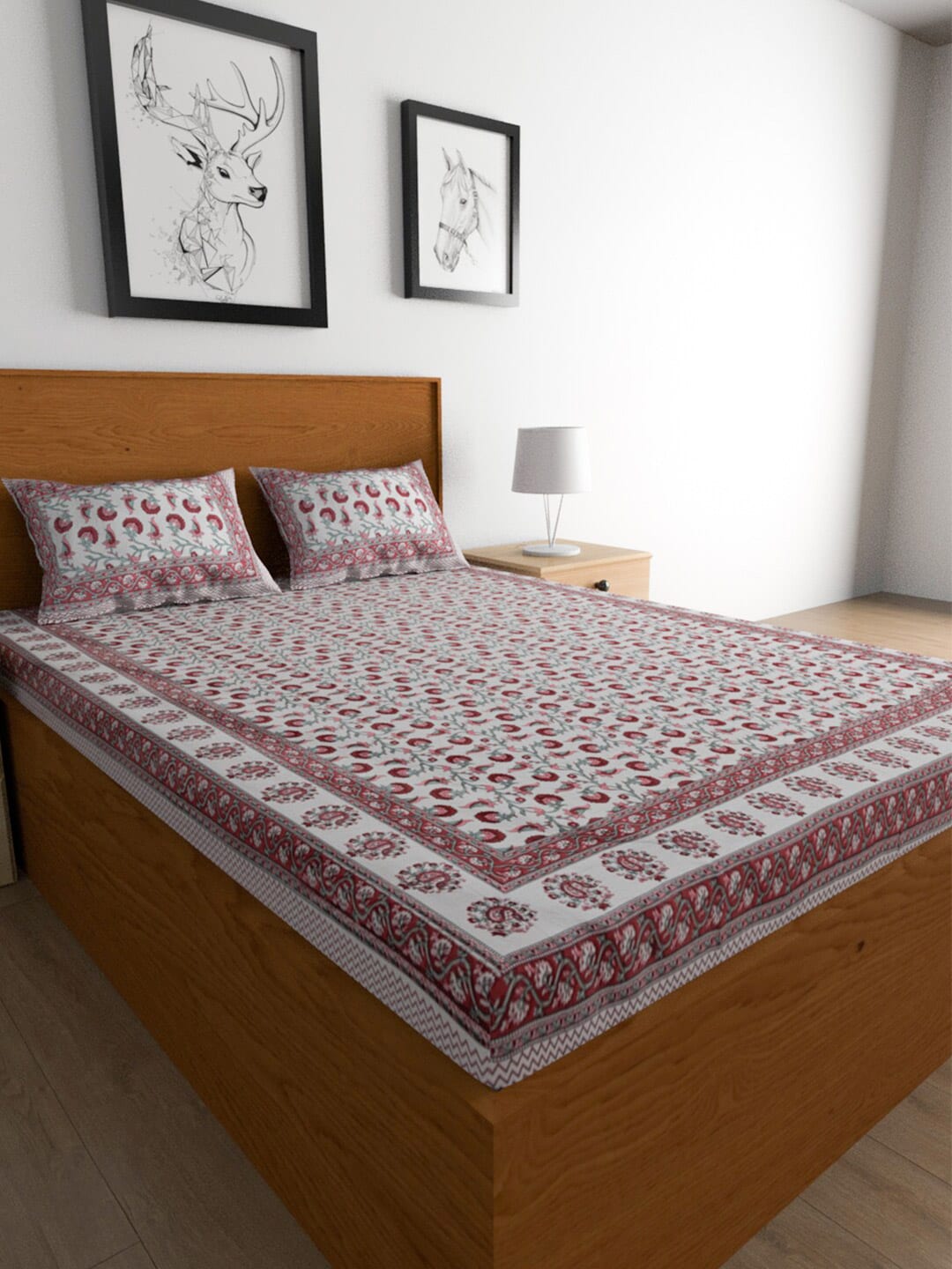 Urban Magic Pink & White Ethnic Motifs Cotton 104 TC King Bedsheet & 2 Pillow Covers - Swadesiicart