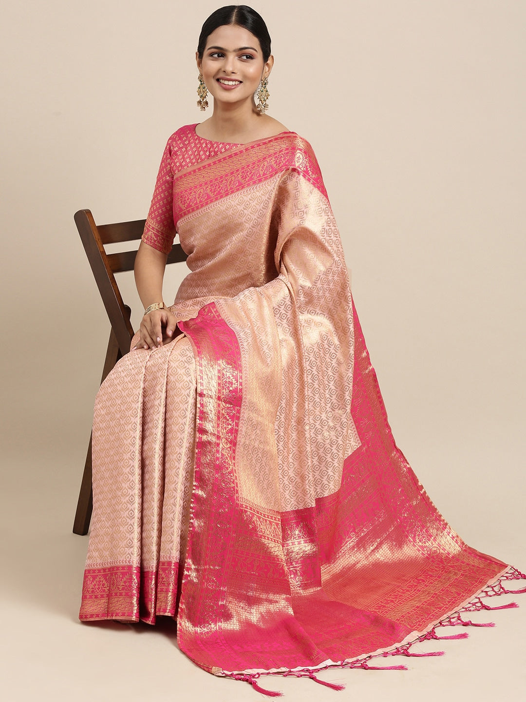 Saree Mall Peach-Coloured Ethnic Motifs Zari Silk Blend Banarasi Sarees | Swadesiicart