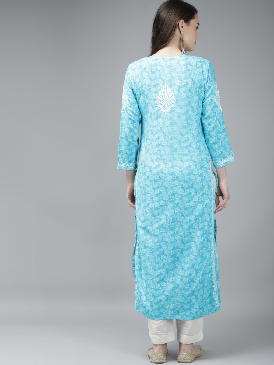 ADA Women Blue & White Floral Chikankari Cotton Handloom Kurta | Swadesiicart