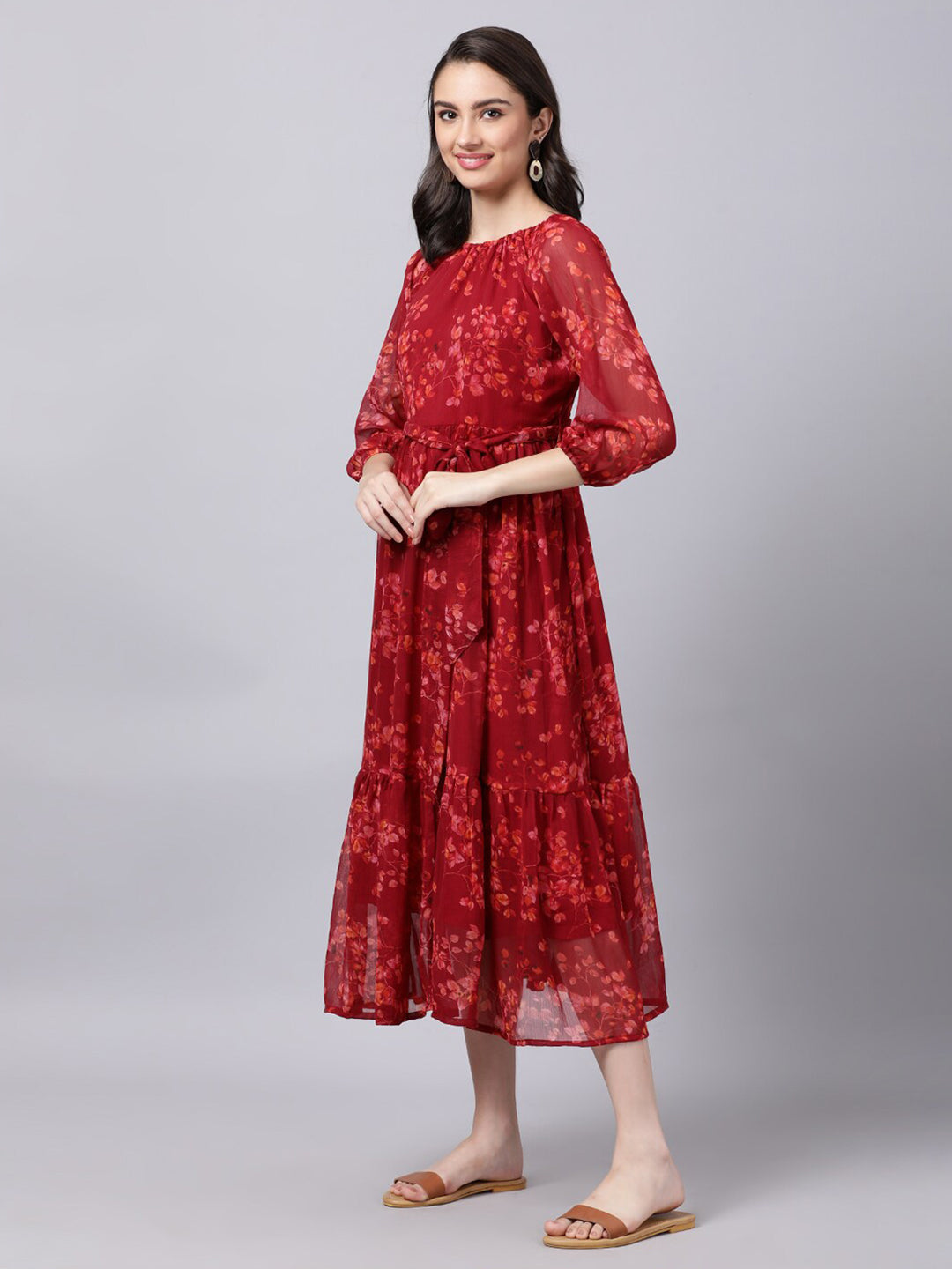 Souchii Maroon Floral Layered Chiffon A-Line Midi Dress - Swadesiicart