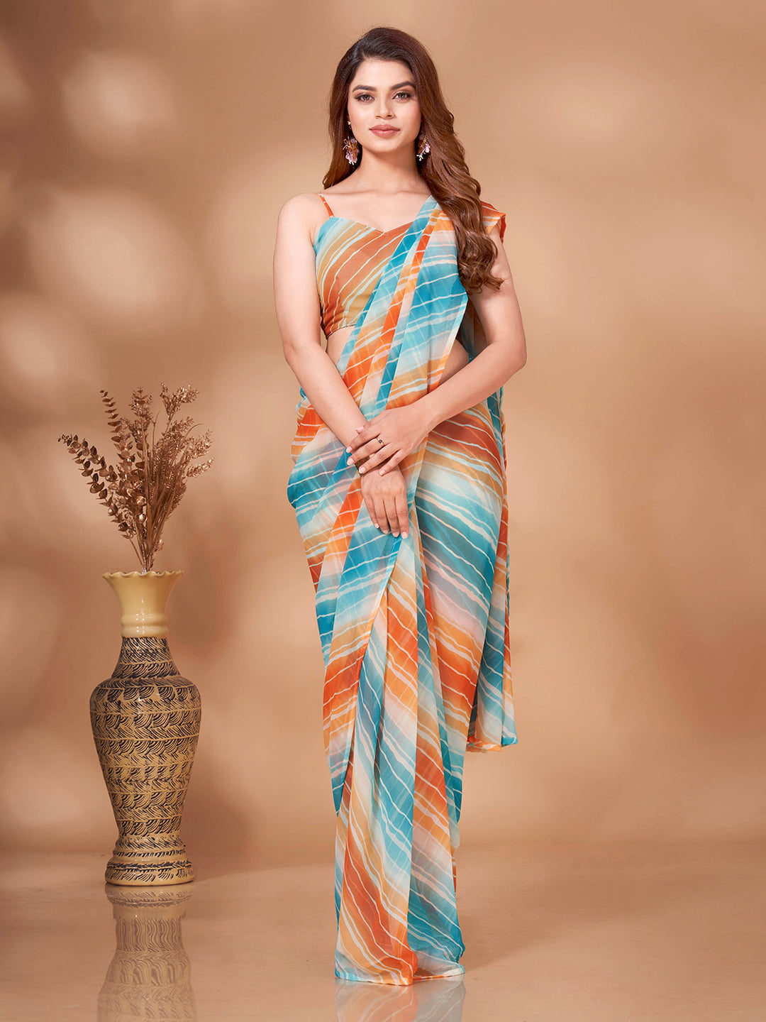 Tikhi Imli Striped Georgette Leheriya Ready to Wear Saree | Swadesiicart