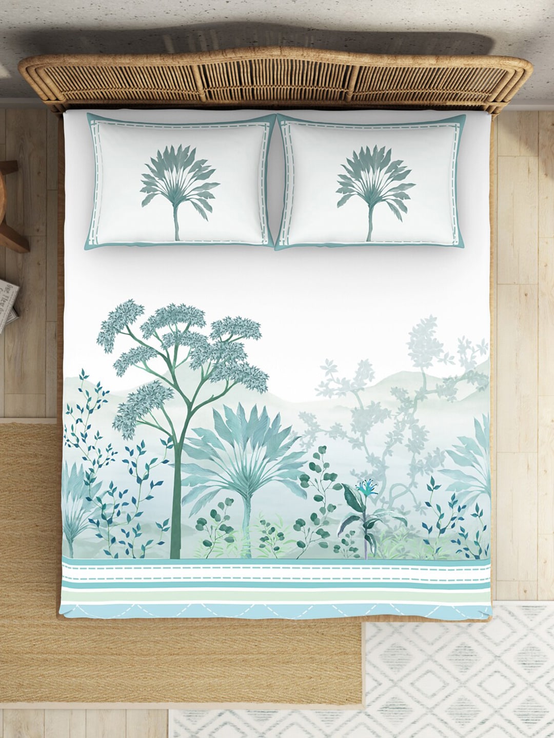 SPACES Kalakari Haath Teal Green Print Pure Cotton 210 TC King Bedsheet & 2 Pillow Covers - Swadesiicart