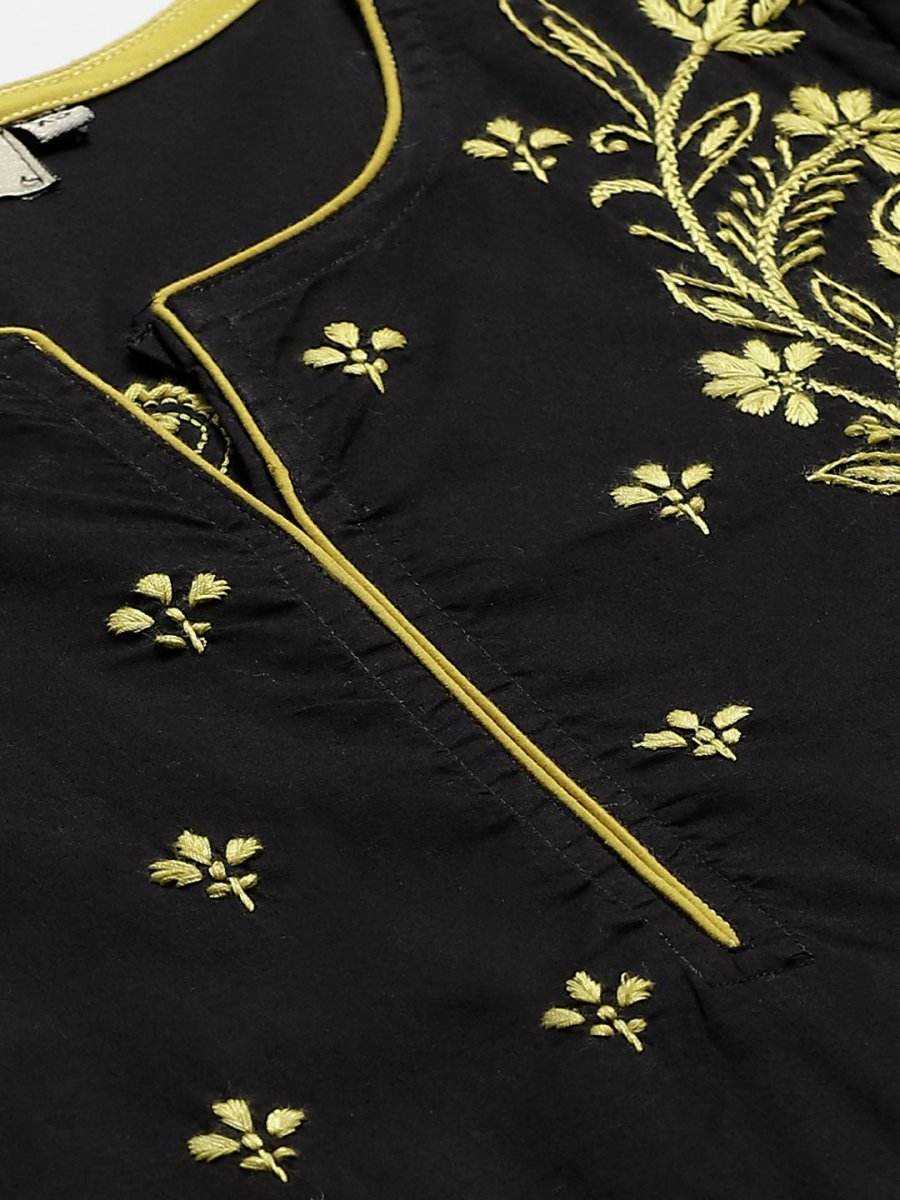 ADA Women Black & Yellow Chikankari Hand Embroidered Sustainable Handloom Kurta with Trousers | Swadesiicart