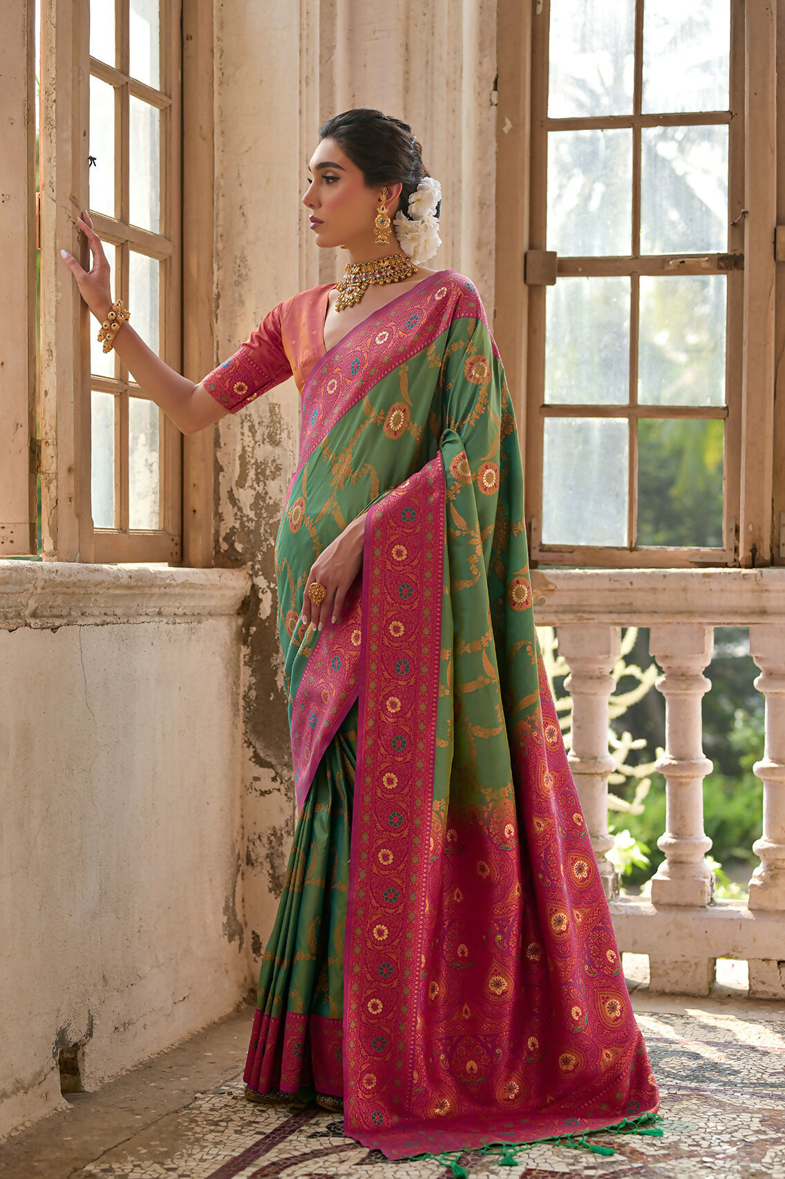 Vishnu Weaves Women's Pista Banarasi Silk Zari Woven Saree with Blouse - Swadesiicart