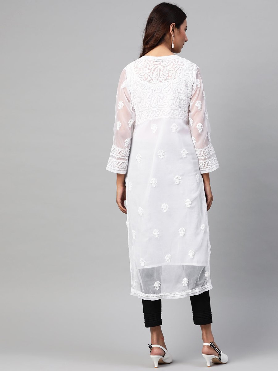 ADA Women White & Black Chikankari Embroidered Sustainable Handloom Kurta with Trousers & Inner | Swadesiicart