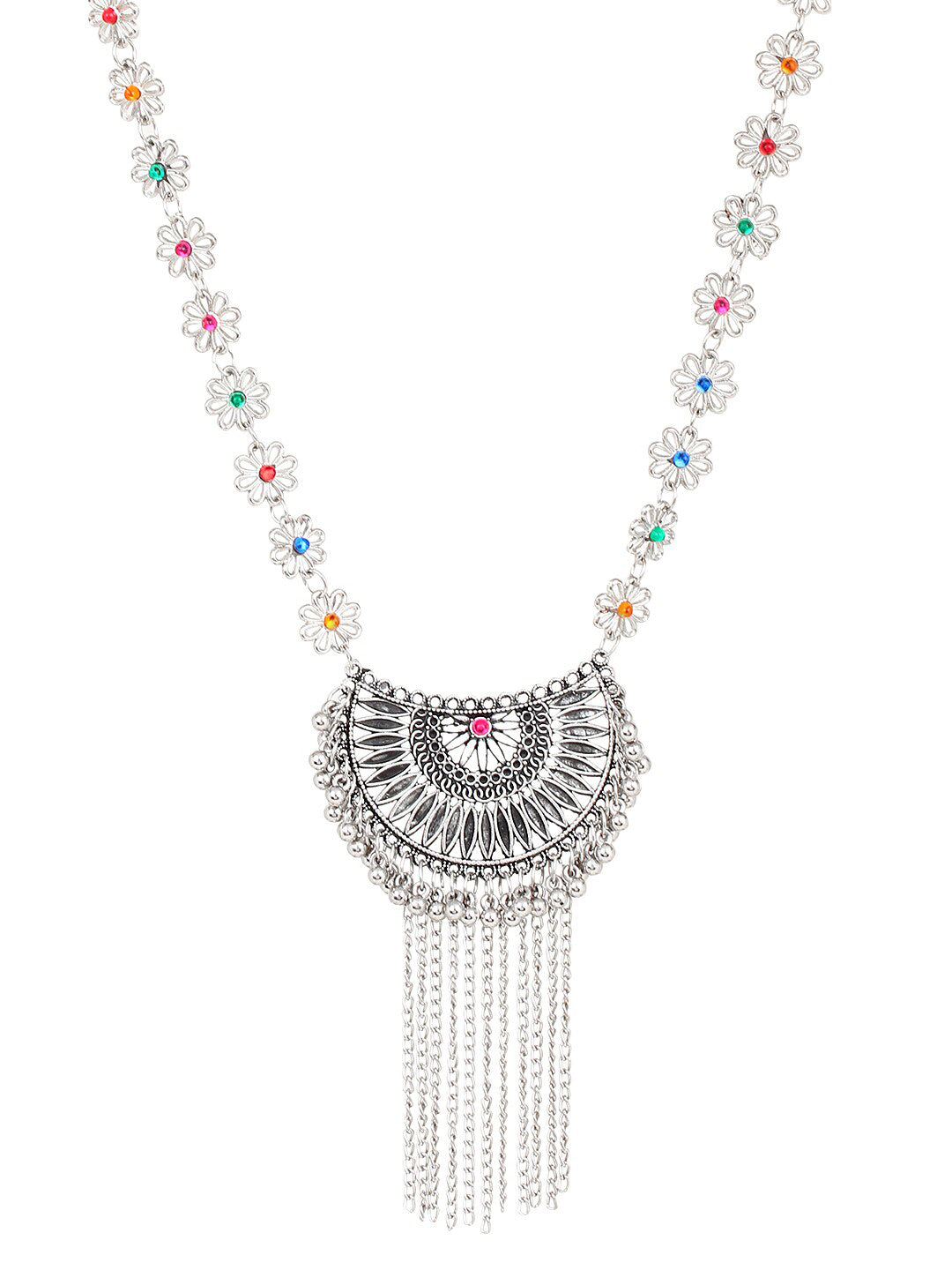 Cardinal Women Silver-Toned Pink & Yellow Stone Studded Jewellery Set - Swadesiicart
