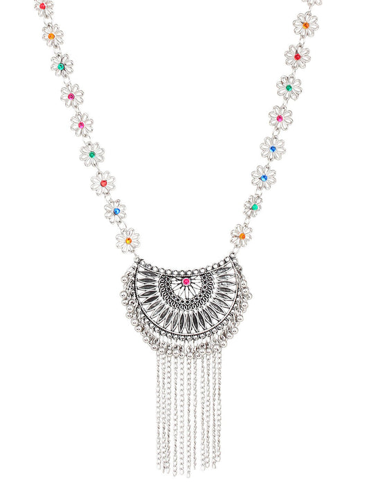 Cardinal Women Silver-Toned Pink & Yellow Stone Studded Jewellery Set - Swadesiicart