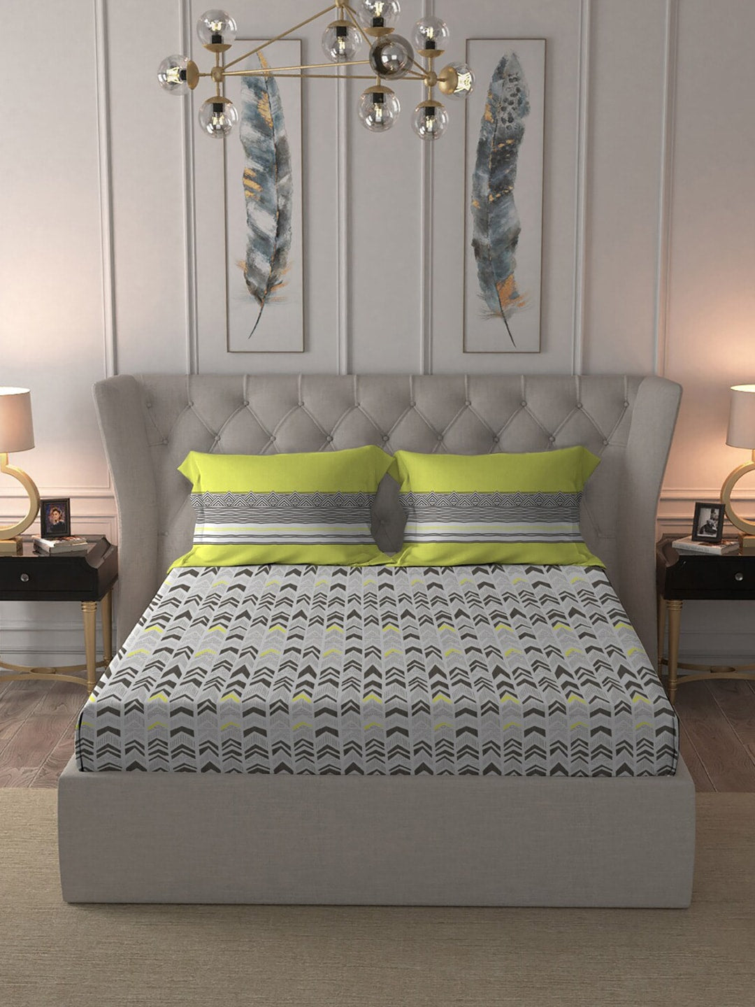 MYTRIDENT Grey Green Geometric Cotton 144 TC Queen Bedsheet With 2 Pillow Covers - Swadesiicart