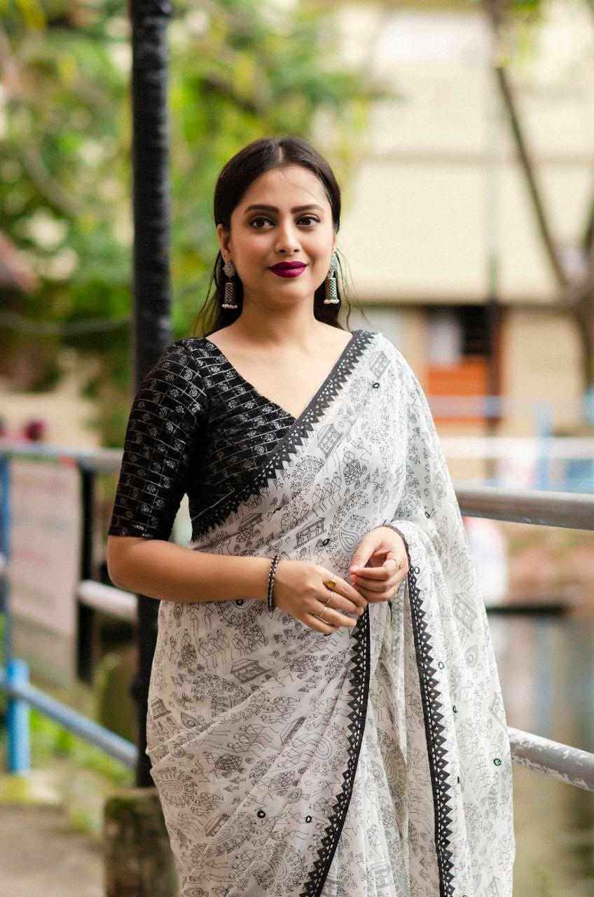 Black Pure Georgette Warli Saree with Unstitched Blouse - Hiral Fashion | Swadesiicart