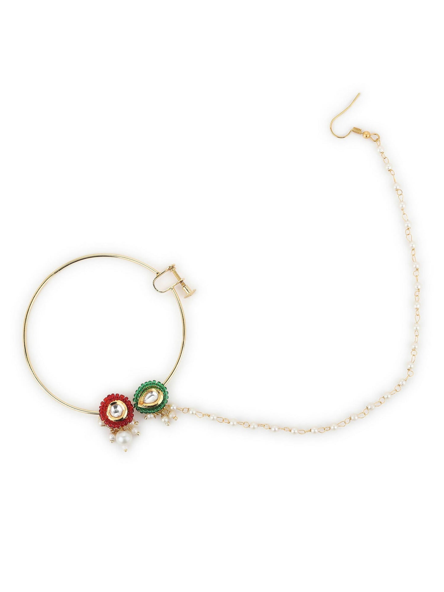Gold-Polished White Red Stone-Studded Pearl Beaded Nosepin - Ruby Raang | Swadesiicart